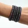Multi-Layer Handmade Braided Leather Wrap Strands Bracelet with Sparkly Faceted Crystal Beaded Cuffs Jewelry for Women Gifts