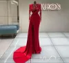 Rote Ballkleider mit langen Ärmeln nach Maß High Low Mermaid High Slpit SpitzeApplique Abend Cocktailpartykleid Plus Size Vestidos 2022