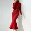 パーティードレスヴェスティドパラムレラスヴェンヌQUENTE FINO FISHTAIL VESTIDO COREANO MODA Elegante Senhora Maxi Gola Alta Com Cinto Bodycon Vestido