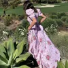 Nadafair Puff Sleeve Midi Dress Square Neck Elegant Party Pink Boho Holiday Casual Floral Summer Dress 2021 Women Y1006