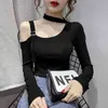 WWENN Frauen Kurzes T-Shirt Sexy Langarm-T-Shirts Strap Off Shoulder Stitching Female Casual Slim T-Shirts Crop Top Tees 210507