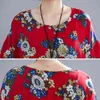 Johnature Femmes Rouge Imprimer Robes Florales Taille Haute Été Coton Mélange Casual Femmes Vêtements Robes À Manches Courtes 210521