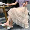 Französische elegante gekräuselte unregelmäßige Kuchennähte plissierte Röcke Frauen Vintage Mesh hohe Taille geschichtete Tüllröcke Streetwear 210619