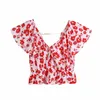 Oroa-free v-nacke laminerade dekorativa tryckta kvinnors tröja söt semester hajuku chic kvinnliga toppar 210507