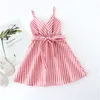 European And American Wind Pure Color Stripe Bow Tie Dress Summer Sweet Leisure Style V Collar Girdle Skirt Girl Korean Edition Clothes Wholesale