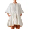 Boho Inspired Tiered Pleating Long Sleeve Spring Autumn Fashion Ladies Pockets Mini Sexig klänning Kvinnor 210322