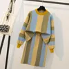 Maglia donna blu giallo marrone girocollo manica lunga pullover al ginocchio gonna a tubino in due pezzi elegante T0029 210514