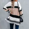 Striped Print Stickad Long Cardigans Sweater Kvinnor Ärme Kahki Vintage Cardigan Jumper Casual Office Ladies Outfit 210427