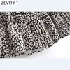 Zevity New Women Vintage v Neck Digital Leopard Print Hem Pleat Ruffles Mini Dress Lady Long Sleeve Chic Business Vestido 210319