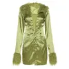 Женская траншея Пальто 90-х эстетика перья отделки зеленые атласные длинные вершины Y2K мода поворотный воротник рукав одна кнопка верхняя одежда Осень