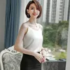 Koreanische Seide Tops Frauen V-ausschnitt Blusen Elegante Frau Bluse Weiß Ärmellose Satin Basic Plus Größe 210427