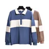 Women Knitted Turn Down Collar Long Sleeve Striped Khaki Blue Loose Top Winter Autumn Casual Sweatshirt Pullover H0060 210514
