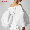 OOTN Sexy Slim Off Shoulder Women Shirt Blouses Lantern Sleeve Tunic Female Top Laides Shirt Pleated Elegant White Blouse Button 210326