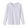 Coton solide T-shirt femmes col en v à manches longues printemps automne hauts Tee décontracté fond grande taille S- 210317