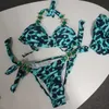 Retro tvådelad baddräkt grön leopardtryck utsökt halterneck rem bikini badkläder kvinnor 2 stycke set 210621