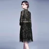 Arrivo Vintage Runway Print A-Line Abiti da donna Luxury Turn-Down Collar Patchwork Lace Knee Dress 210506