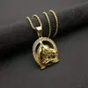 Cubic Zircon Horse Head Pendants Halsband för kvinnor / män Guldfärg Rostfritt Stål Hästsko Iced Out Bling Hip Hop Smycken