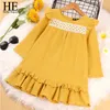 Hello Hello Desfrute de Crianças de Outono Roupas Verde Manga Longa Bebê Meninas Princesa Vestido Listrado Ruffles Manga Crianças Casuais Vestido Casual G1026