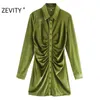 Zevity Autumn Fashion Women Orange Green Colorプリーツシングル胸のスリムシャツドレス女性長袖ベルベットベスティド210325