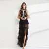 Kvinnors banor klänningar o nacke långa ärmar polka prickar tryckt spets lapptäcke tiered ruffles mode maxi party prom klänning