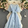 Neploe Holiday Bohemian Multicolor Dress Women High Waist Hip Sashes A Line Long Vestidos O Neck Short Sleeve Robe Summer Y0726