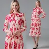 est Women Pink Print Flower Party Dress Summer Runway Bow Collar Long Sleeve Elastic waistline Pleated Dresses 210514