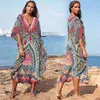 Bohemian Folk-custom Beach Dress Summer Sexy V-neck Low-cut Tassel Lace-up Casual Swim Suit Cover Up Loose Bikini 210604