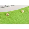 グリーンテクスチャカジュアルストレートショートパンツ夏のファッションボタンサイドポケットハイウエスト女性女性の底210604