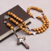 Wholesale Wooden Rosary Beads Necklace For Women Men Catholic Saint Benedict of Nursia Cross Pendant Rosarius Jewelry Amulet