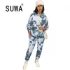 Loungewear Women Two Piece Pants Set Tie Dye Långärmad Hoodies Sweatshirt BF Style Baggy Trousers Workout Kläder Streetwear 210525