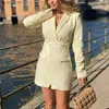 Elegant Woman Beige Slim Blazer Mini Dress Spring Casual Office Ladies A-Line Dresses Female High Waist 210515