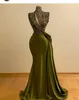 Saudi Arabisch Dubai Hunter Green Pailletten Meerjungfrau Abendkleider High Neck Abendkleid Langes formelles Partykleid