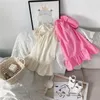 キッズ服ガールズフリルパフスリーブドレス甘い子供たちのソリッドカラーショルダープリンセスドレス