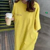 ポケットコットンドレス女性スタイル夏の緩い半袖ソリッドカラーTシャツのドレス女性韓国の中長服210527