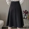 Spring Women Double Button Medium A-line Skirt Casual Female Solid Color Office Lady Beige Skirts 210430