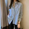 Primavera otoño mujeres doble bolsillo suelto camisa de mezclilla a rayas espalda blusa casual de un solo pecho más tamaño blusas mujer S298 210512