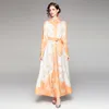 Kvinnors tryckt lång klänning 2021 Autumn New Maxi Dress High-end Elegant Lady Bow Dress Party Holiday Dresses