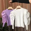 T-shirt a maniche lunghe a sbuffo per ragazza coreana per bambini Bella maglia in cotone autunno inverno Abbigliamento Top Solid Clothes 210529