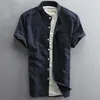 Chemise en coton et lin à manches courtes à col mandarin pour hommes, blanc, vert, bleu foncé, chemises d'été décontractées avec poche, 3861961