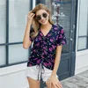 Blusas Mujer de Moda Summer Blouse女性プリント半袖トップスエレガントなオフィスの女性Vネックシャツ巾着トップ9848 210506