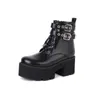 بالإضافة إلى حجم Pxelena Boots Drop Ship 35-43 Street Punk Women Compancle Combat Buckle High High Cheels Stunky Goth Shoes 819