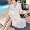 Летние белые офисные дамы женские платье с коротким рукавом воротник асимметричные стильные платья элегантные Vestidos 210513