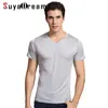 Suyadream Men Basic TシャツナチュラルシルクVネックソリッド半袖シャツホワイトブラックグレースプリングサマートップ210707