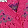 Zevity Women Fashion V Neck Floral Broderi Hollow Out Crochet Stickad Sweater Kvinna Chic Långärmad Cardigan Tops SW832 210603
