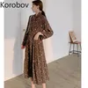 Korobov New Chic Summer Dress Korean Flower Print High Waist Dresses Beach Style Long Sleeve Chiffon Robe Femem 2a786 210430