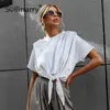 ソリナリーショルダーパッド半袖白いTシャツ女性クロスレースアップコットンサマーTシャツハイウエストスリムウーマンクロップトップ210709