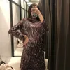 Mujeres moda sexy fiesta lentejuelas borlas vestido femenino Club forrado con cuello en V vestidos de manga larga 210531