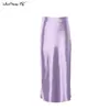 Solid Purple Satin Silk Skirt Women High Waisted Summer Long Elegant Ladies Office s Midi Spring W220314