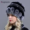 Raglaido Sombreros de invierno para sombrero de piel de niña Real Rex Rabbit Cap Gorro de punto floral con bolas Calaveras Gorros 55-59 cm LQ11280 211119