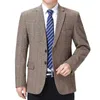 Man Wol Tweed Blazer Plaid Wollen Stof Jas Pak Navy Blue Camel Grey Costumn Homme Notched Collar Cuff Button Design Jassen 211111